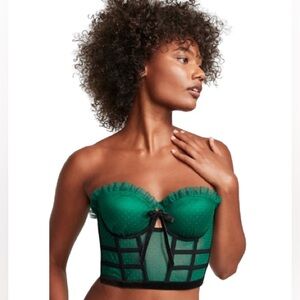 Victoria Secret Emerald Strapless Dotted Mesh Corset Top Bra NWOT 34 D